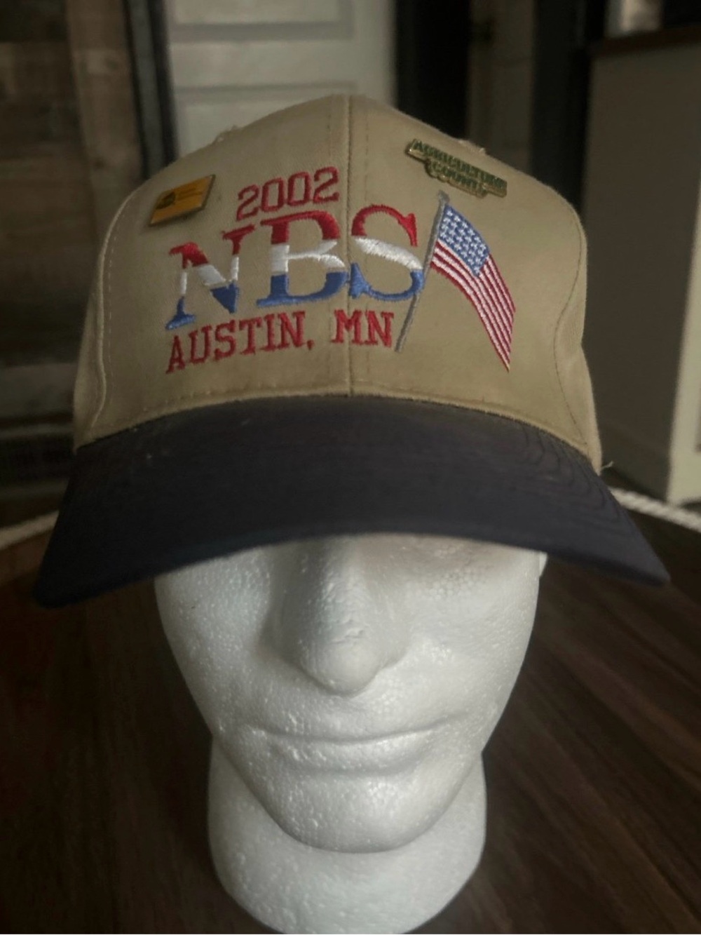 2002 NBS Austin MN Embroidered Flag Cap - Tan & Navy with 2 ag pins